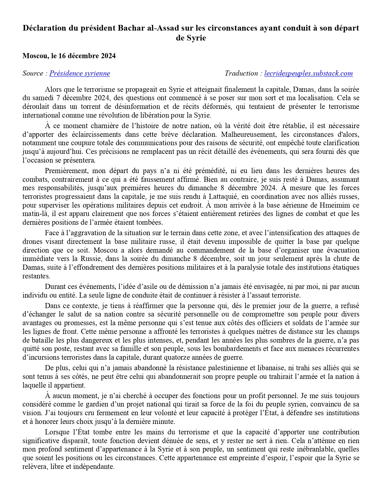 Déclaration du président Bachar al_Assad